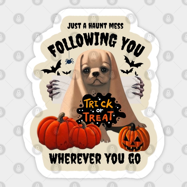 Funny Halloween American Bulldog Puppy in Cheesecloth Pumpkin Halloween Sticker by Mochabonk